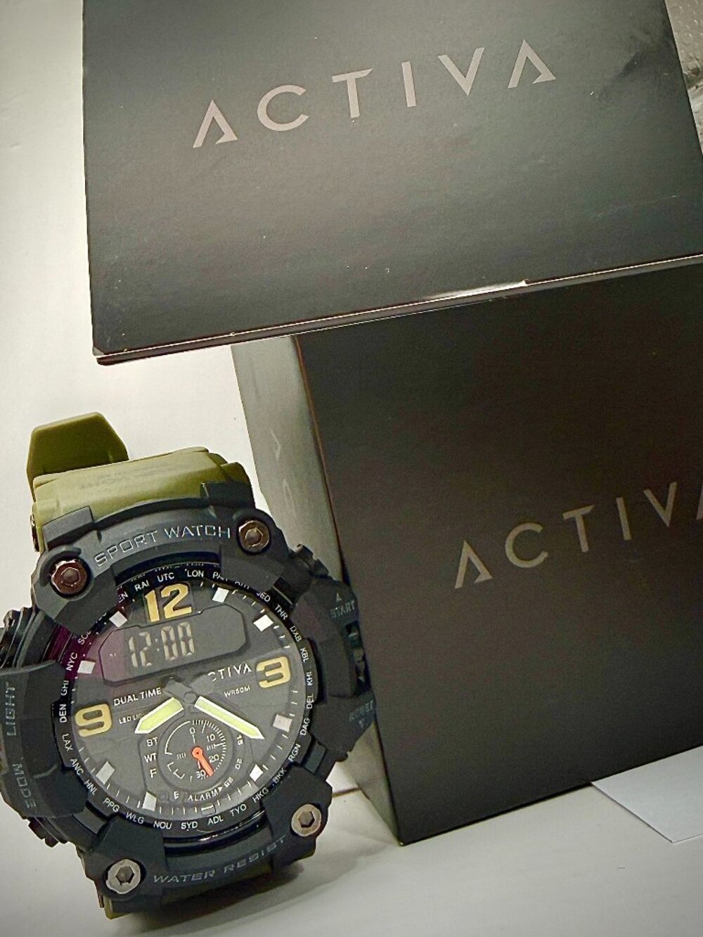 Activa NEW Dual Time Quartz Analog/Digital LED Chrono Black/Green 55mm 50m WR